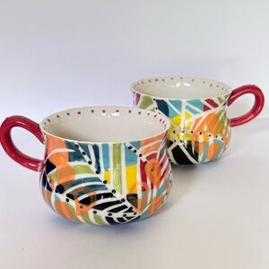 Anthropologie colorful abstract patterned mugs raised dots Kinetic Stencil Mugs